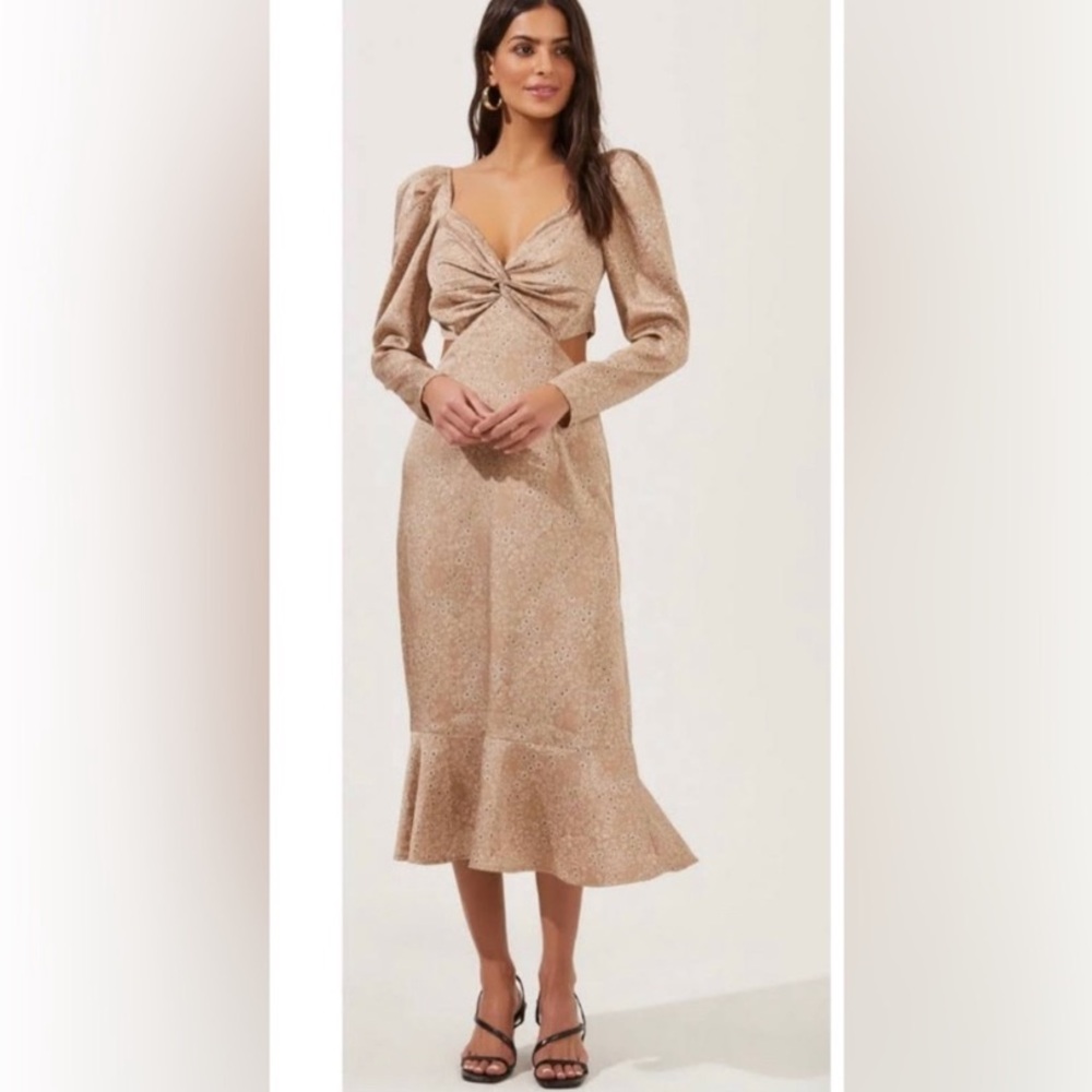 NWT Astr The Label Lainie Long Sleeve Dress. Tie Back. Silky. Size Small. Taupe. - Picture 3 of 11